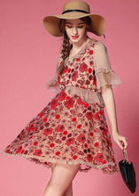 Load image into Gallery viewer, Bohemian Red Embroideried Patchwork Tulle Vacation Dress Short Sleeve