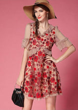 Load image into Gallery viewer, Bohemian Red Embroideried Patchwork Tulle Vacation Dress Short Sleeve