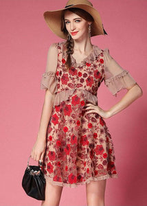 Bohemian Red Embroideried Patchwork Tulle Vacation Dress Short Sleeve