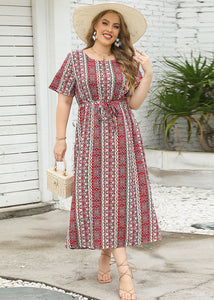 Bohemian Red Print Tie Waist Patchwork Chiffon Long Dresses Summer