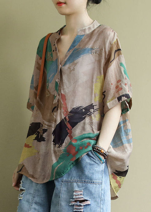 Bohemian V Neck Print Button Shirt Tops Half Sleeve