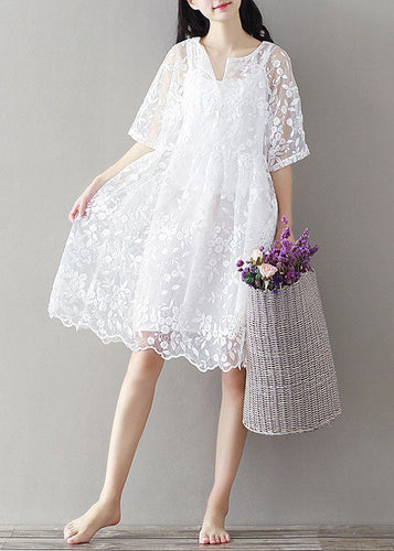 Bohemian White Embroideried Lace Patchwork Tulle Mid Dress Summer