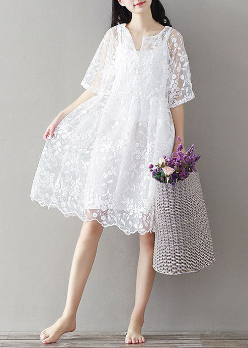 Bohemian White Embroideried Lace Patchwork Tulle Mid Dress Summer