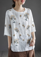 Load image into Gallery viewer, Bohemian White O-Neck Embroideried Floral Summer Linen Tops Half Sleeve