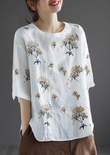 Load image into Gallery viewer, Bohemian White O-Neck Embroideried Floral Summer Linen Tops Half Sleeve