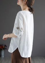 Load image into Gallery viewer, Bohemian White O-Neck Embroideried Floral Summer Linen Tops Half Sleeve