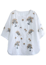 Load image into Gallery viewer, Bohemian White O-Neck Embroideried Floral Summer Linen Tops Half Sleeve