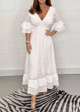 Load image into Gallery viewer, Bohemian White Ruffled Hollow Out Patchwork Cotton Long Dresses Flare Sleeve