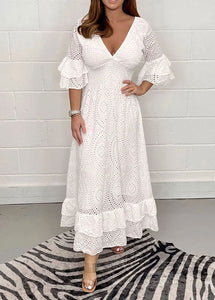Bohemian White Ruffled Hollow Out Patchwork Cotton Long Dresses Flare Sleeve