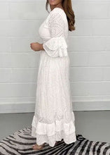 Load image into Gallery viewer, Bohemian White Ruffled Hollow Out Patchwork Cotton Long Dresses Flare Sleeve
