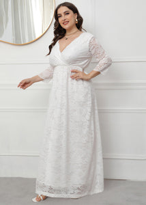 Bohemian White V Neck Hollow Out Patchwork Lace Dress Fall