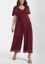 Load image into Gallery viewer, Bohemian Wine Red V Neck Patchwork Lace Patchwork Knit Jumpsuit Short Sleeve