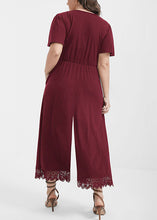 Load image into Gallery viewer, Bohemian Wine Red V Neck Patchwork Lace Patchwork Knit Jumpsuit Short Sleeve