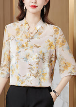 Load image into Gallery viewer, Bohemian Yellow Stand Collar Print Chiffon Shirt Tops Half Sleeve