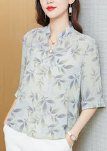 Load image into Gallery viewer, Bohemian Yellow Stand Collar Print Chiffon Shirt Tops Half Sleeve