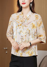 Load image into Gallery viewer, Bohemian Yellow Stand Collar Print Chiffon Shirt Tops Half Sleeve