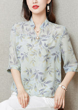 Load image into Gallery viewer, Bohemian Yellow Stand Collar Print Chiffon Shirt Tops Half Sleeve