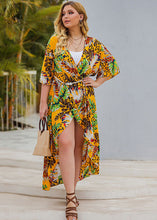 Load image into Gallery viewer, Bohemian Yellow V Neck Asymmetrical Print Sashes Maxi Trench Coats Summer