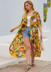 Bohemian Yellow V Neck Asymmetrical Print Sashes Maxi Trench Coats Summer