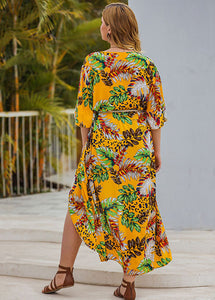 Bohemian Yellow V Neck Asymmetrical Print Sashes Maxi Trench Coats Summer