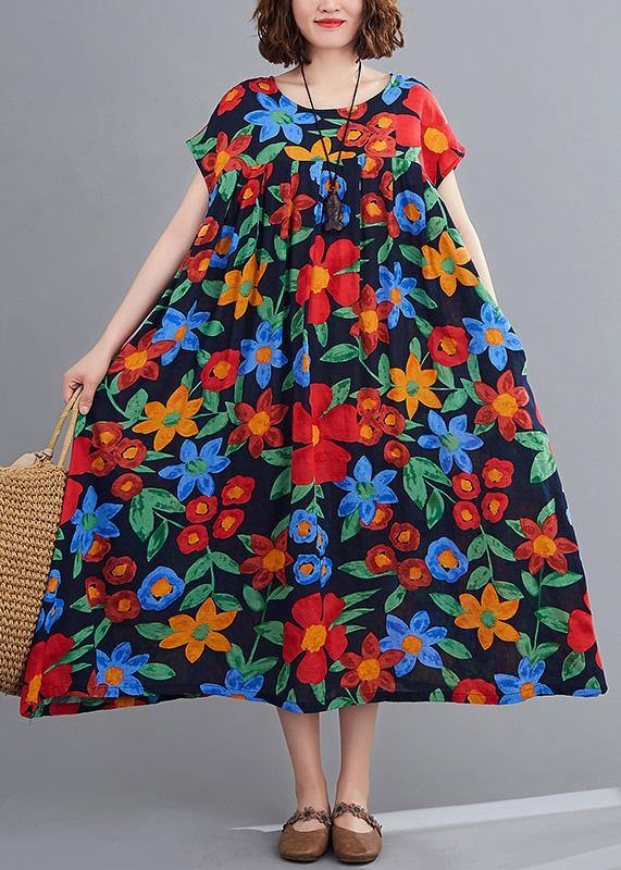 Bohemian navy print clothes o neck pockets robes summer Dresses