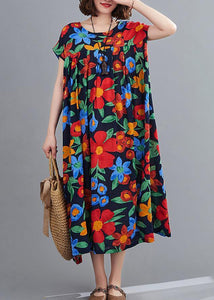 Bohemian navy print clothes o neck pockets robes summer Dresses