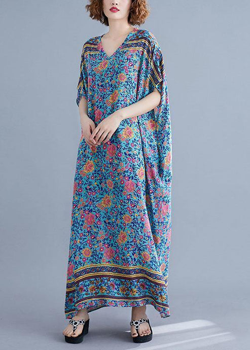 Bohemian v neck pockets cotton summer tunic pattern Photography blue print long Dress