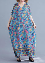 Load image into Gallery viewer, Bohemian v neck pockets cotton summer tunic pattern Photography blue print long Dress