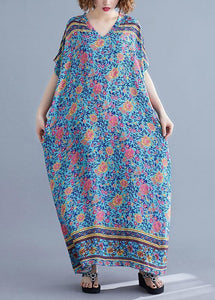 Bohemian v neck pockets cotton summer tunic pattern Photography blue print long Dress