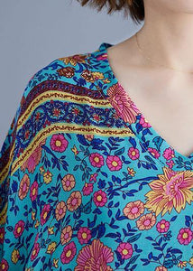 Bohemian v neck pockets cotton summer tunic pattern Photography blue print long Dress