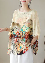 Load image into Gallery viewer, Boho Apricot O Neck Print Patchwork Linen T Shirt Tops Summer