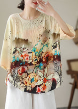 Load image into Gallery viewer, Boho Apricot O Neck Print Patchwork Linen T Shirt Tops Summer