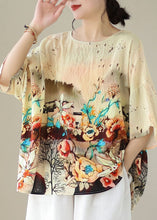 Load image into Gallery viewer, Boho Apricot O Neck Print Patchwork Linen T Shirt Tops Summer