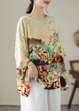 Load image into Gallery viewer, Boho Apricot O Neck Print Patchwork Linen T Shirt Tops Summer