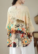 Load image into Gallery viewer, Boho Apricot O Neck Print Patchwork Linen T Shirt Tops Summer