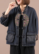 Load image into Gallery viewer, Boho Black Button Embroideried Pockets Fall Denim Jackets