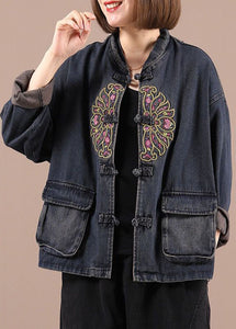 Boho Black Button Embroideried Pockets Fall Denim Jackets