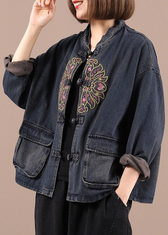 Boho Black Button Embroideried Pockets Fall Denim Jackets