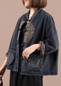 Boho Black Button Embroideried Pockets Fall Denim Jackets