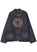 Load image into Gallery viewer, Boho Black Button Embroideried Pockets Fall Denim Jackets