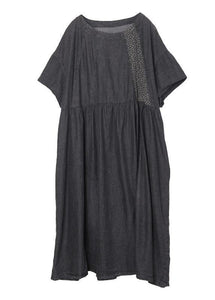 Boho Black Patchwork Cinched Denim Ankle Dress Summer