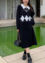 Load image into Gallery viewer, Boho Black Peter Pan Collar Print Knit Robe Dresses Fall