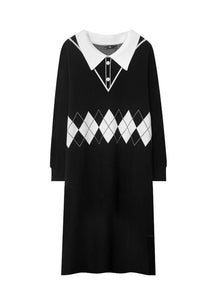 Boho Black Peter Pan Collar Print Knit Robe Dresses Fall