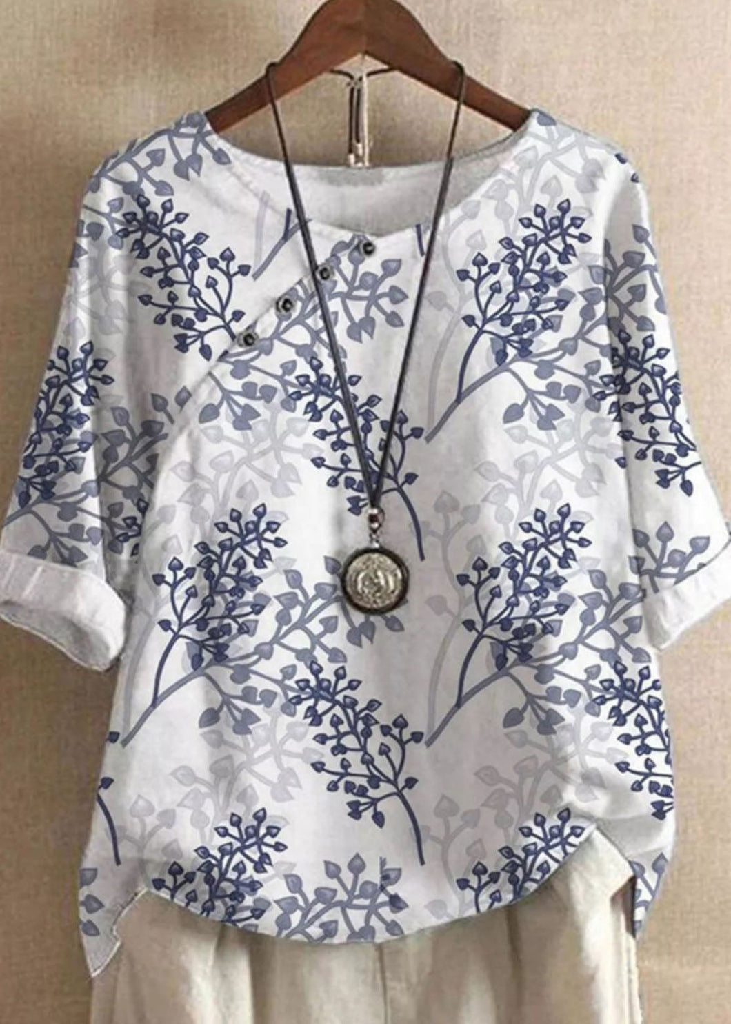 Boho Blue O Neck Print Patchwork Cotton T Shirts Summer