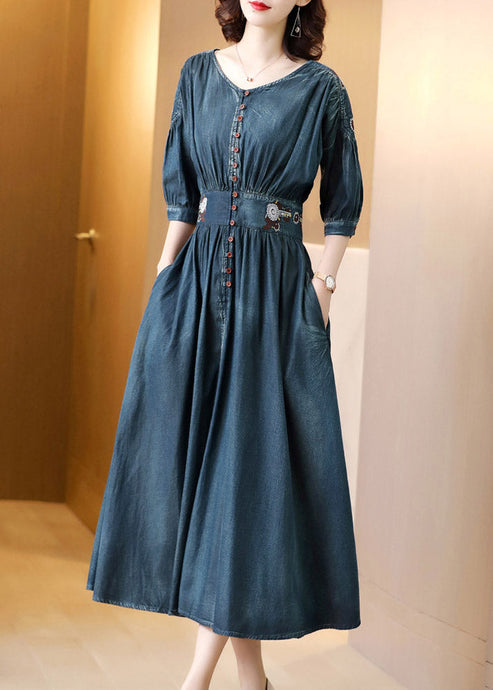 Boho Blue O-Neck Wrinkled Tunic Cotton Denim Maxi Dress Long Sleeve