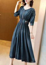 Load image into Gallery viewer, Boho Blue O-Neck Wrinkled Tunic Cotton Denim Maxi Dress Long Sleeve