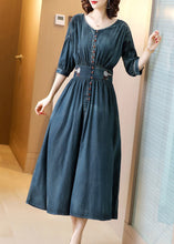 Load image into Gallery viewer, Boho Blue O-Neck Wrinkled Tunic Cotton Denim Maxi Dress Long Sleeve