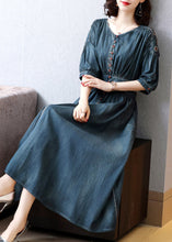 Load image into Gallery viewer, Boho Blue O-Neck Wrinkled Tunic Cotton Denim Maxi Dress Long Sleeve