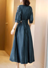 Load image into Gallery viewer, Boho Blue O-Neck Wrinkled Tunic Cotton Denim Maxi Dress Long Sleeve