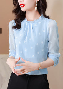 Boho Blue Ruffled Draping Chiffon Shirt Top Spring